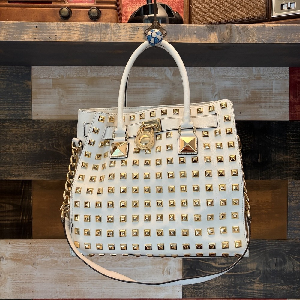 Michael Kors Hamilton Handbag Studded Gold White Tote